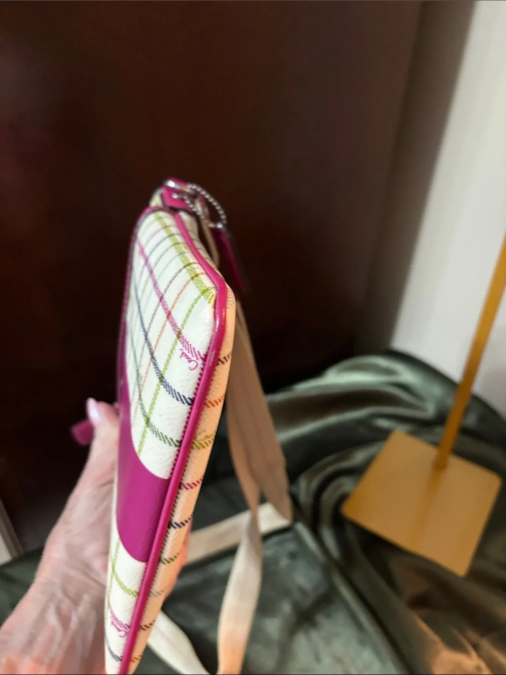 Coach Heritage Tattersall Swingpack crossbody pink and cream plaid design